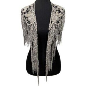 NWOT Silk Beaded Shawl Whimsigoth Boho Hippie Western Black Silver 90s Vamp